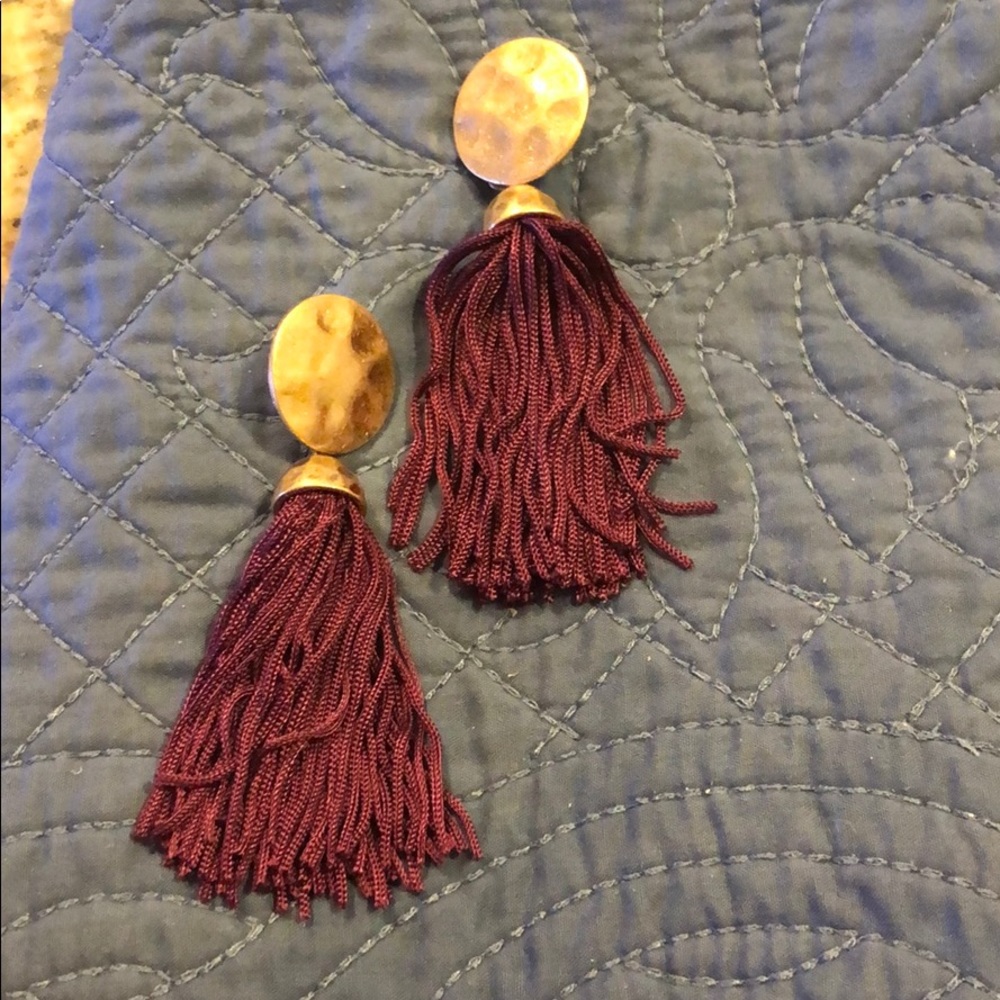 Tassel Drop Earrings with Gold Tone Accent - Burgundy